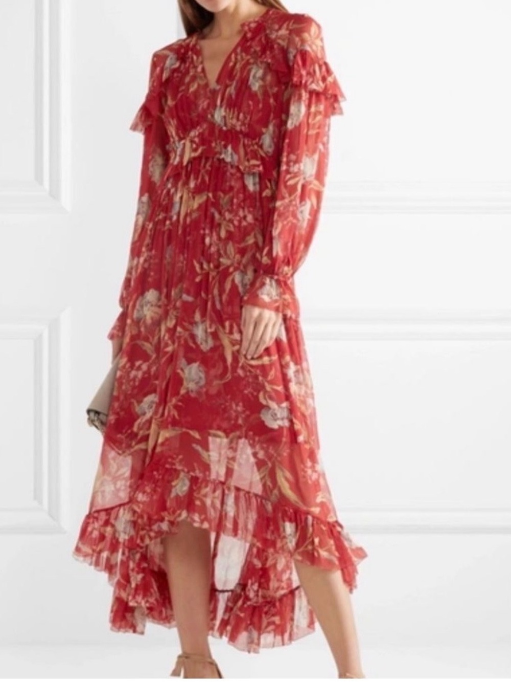 Zimmermann Red Floral Ruffled High-Low Midi Dress